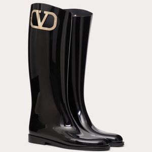 Valentino Glossy Black Rain Boots with Gold Emblem